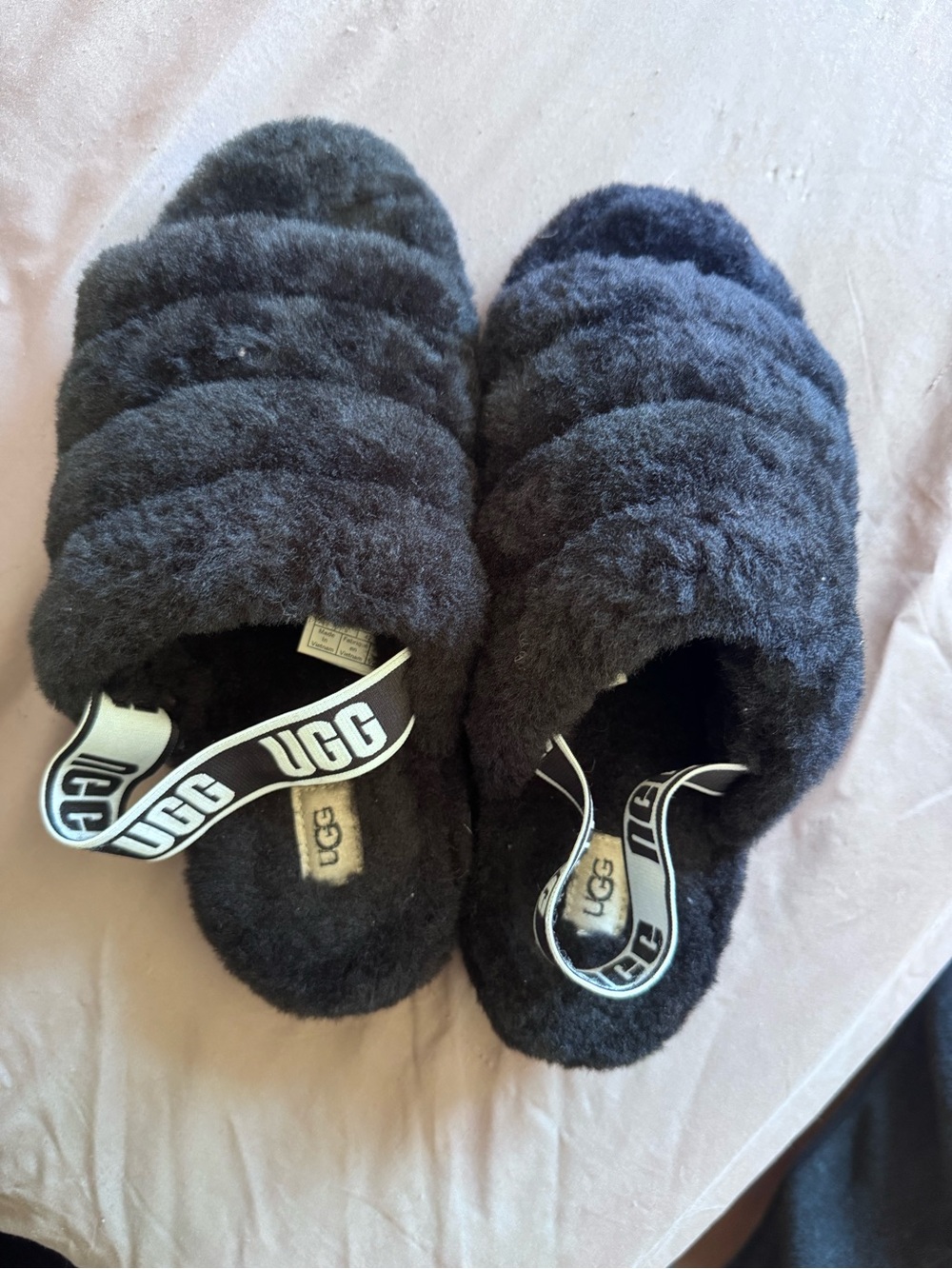 UGG Black Fluffy Slide Slippers with Logo Strap
